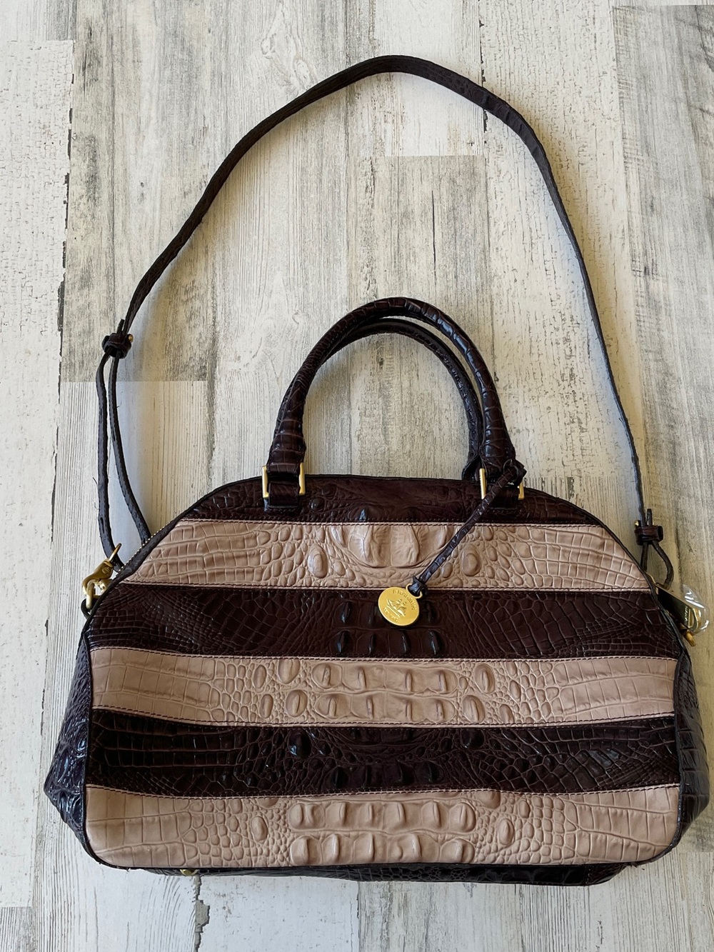 Brahmin Striped Croc-Embossed Leather Handbag 2 ways to carry Brown & Tan